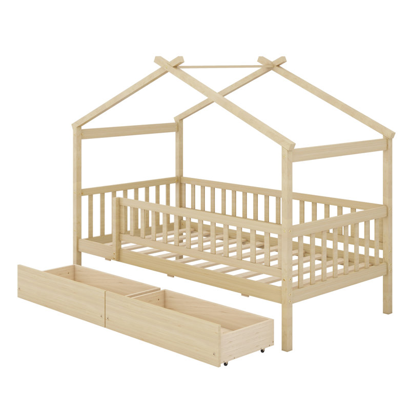 Lit en bois avec deux tiroirs, Naturel