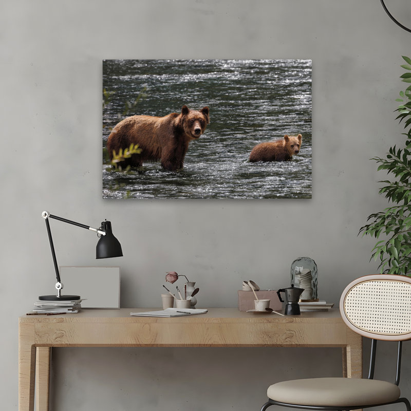 Traversée - animaux, ours, oursons bruns, art, H 16 po x l 24 po