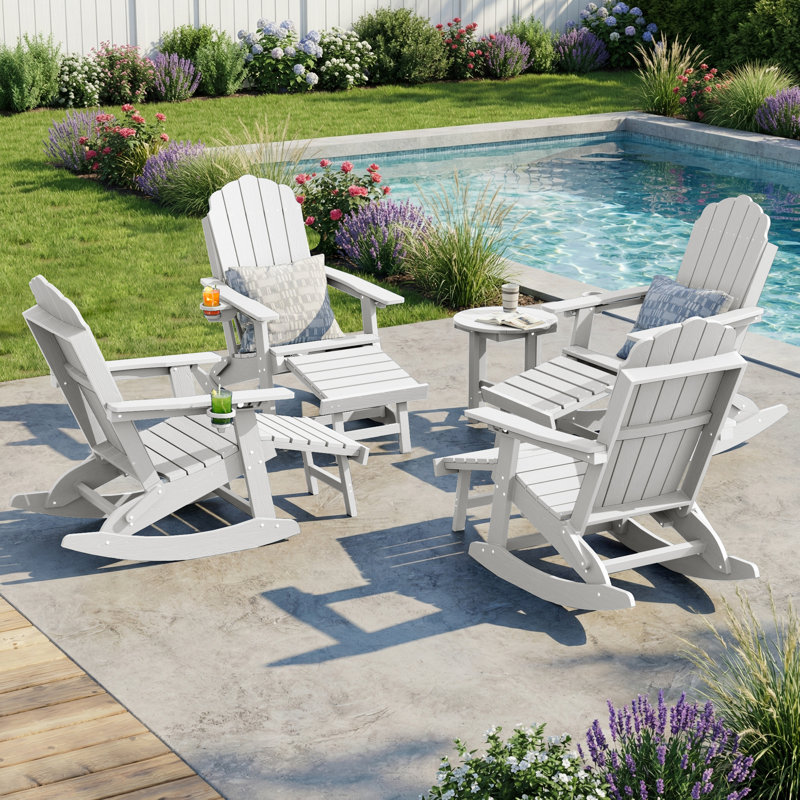 All-Weather HDPE Folding Adirondack Rocking Chair with Retractable Ottoman, 3-Position Adjustable Outdoor Rocking Chair for Patio, Gargen, Deck