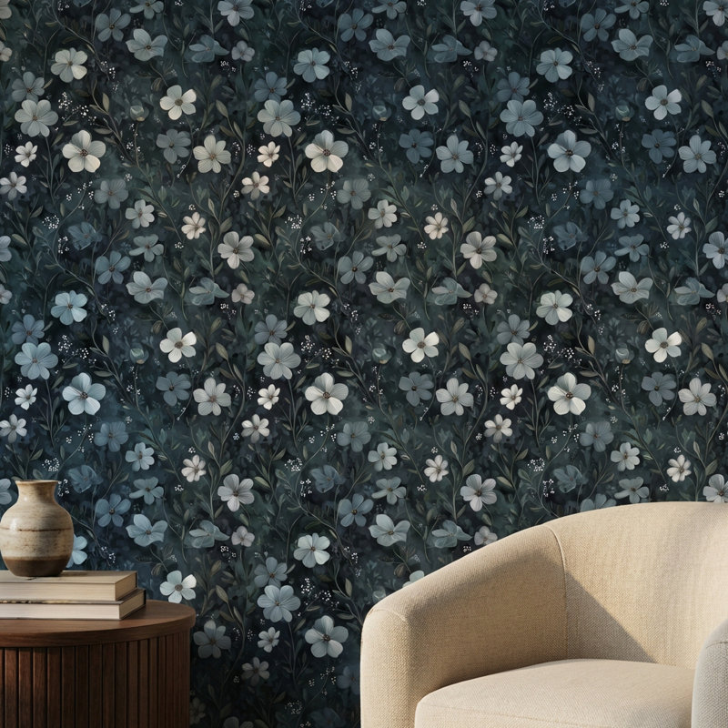 Papier peint floral éclectique amovible foncé, Non tissé, non collé