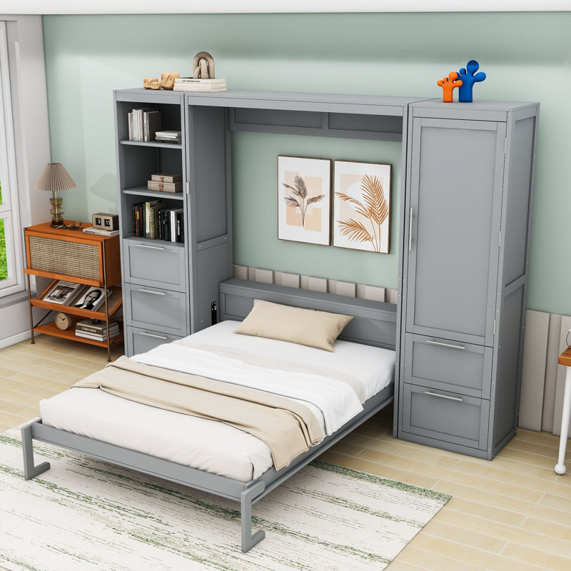 Murphy Bed with Closet, Drawers and Shelves, Gray