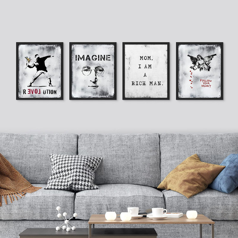 Banksy, style grunge, typographie, 4 pièces, Cadre noir, H 14 po x l 11 po x P 1 po