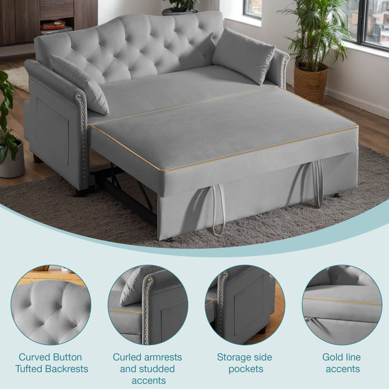 Latitude Run 57.5" Vincy Mid-Century Modern Velvet Sleeper Sofa Bed with Tufted Arched Backrest and Nailhead Trim Curled Armrests