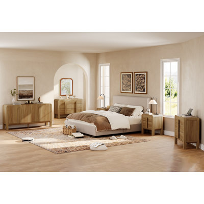 Ensemble de commode et de table de chevet Mid-Century moderne pour chambre à coucher, ensemble de chambre à coucher 5 pièces avec profil incurvé, ensemble de table de chevet de 2, ensemble d'armoires de rangement en bois