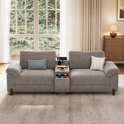 Causeuse profonde de 35 po avec console de chargement polyvalente, porte-gobelets et housses amovibles lavables, chenille en gris clair