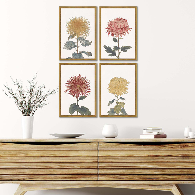 Antique Gold Framed Chrysanthemum Floral Print Set