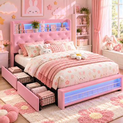 Full Size Upholstered Platform Bed Frame With Tufted Headboard, Wood Slat Support, No Box Spring Needed, Easy Assembly, Idea For Bedroom, Pink