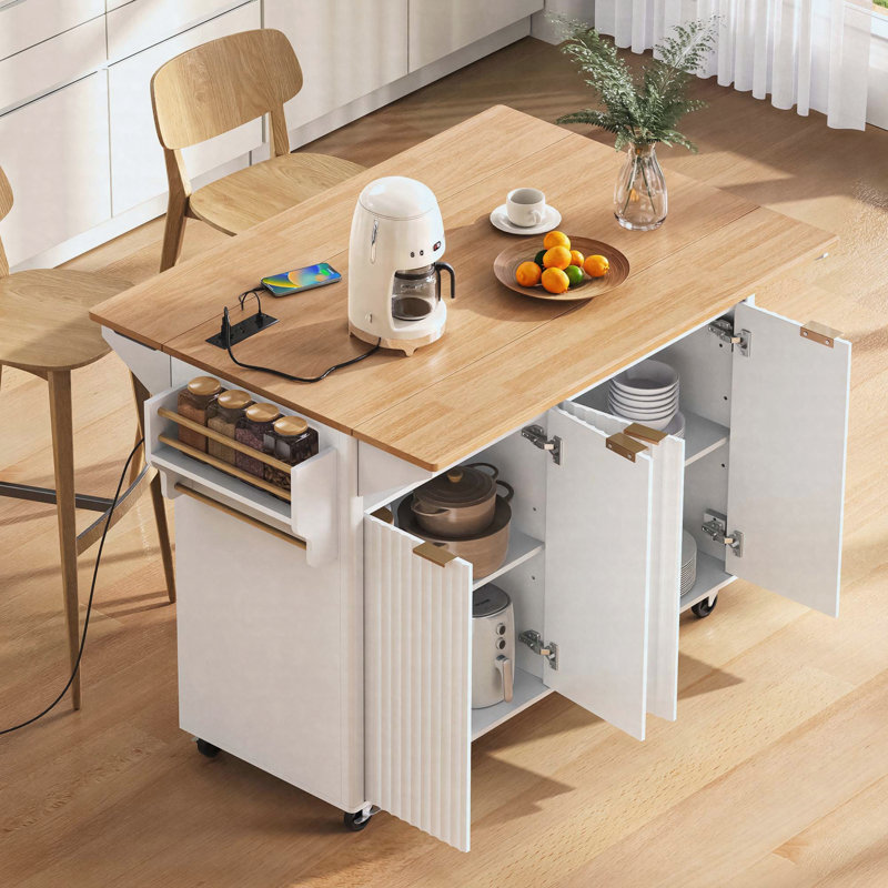 55.5" Fluted Kitchen Island with 2 Drop Leaf, Kitchen Storage Cart with Power Outlet, 4 Doors, Spice rack, Rolling Island Table with Wood-grain Top, Curved Edge for Kitchen, Dining Room,White