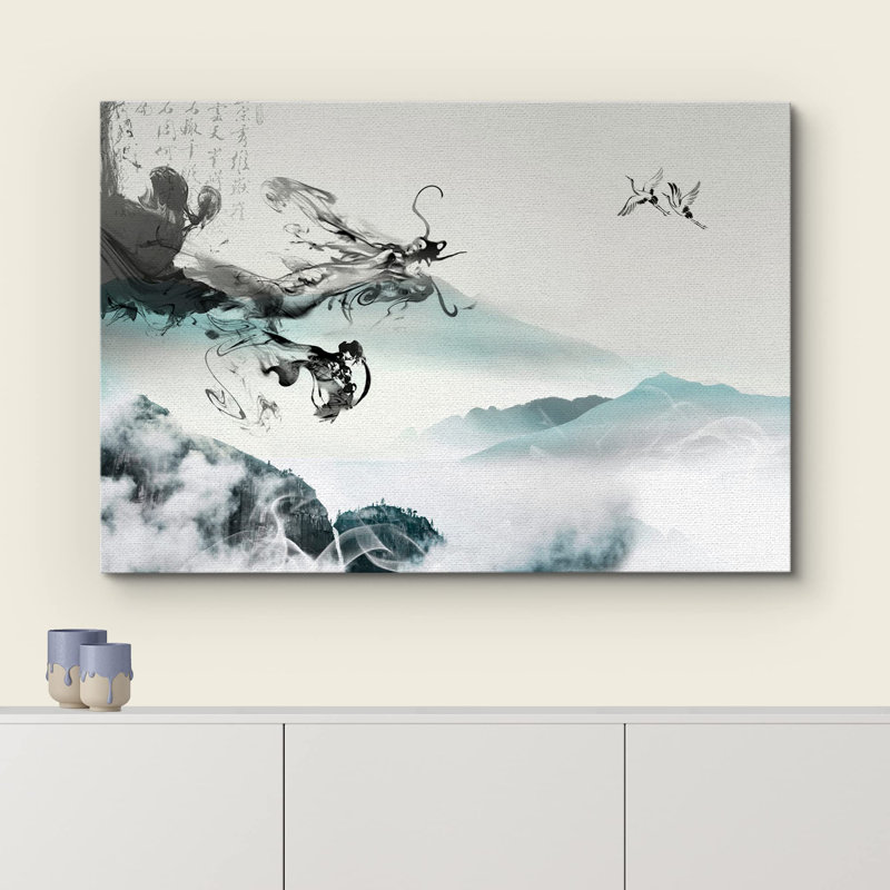 Paysage abstrait «Dragon chinois fumé à l'encre de Chine et montagnes, nature sauvage, illustrations modernes et rustiques» sur