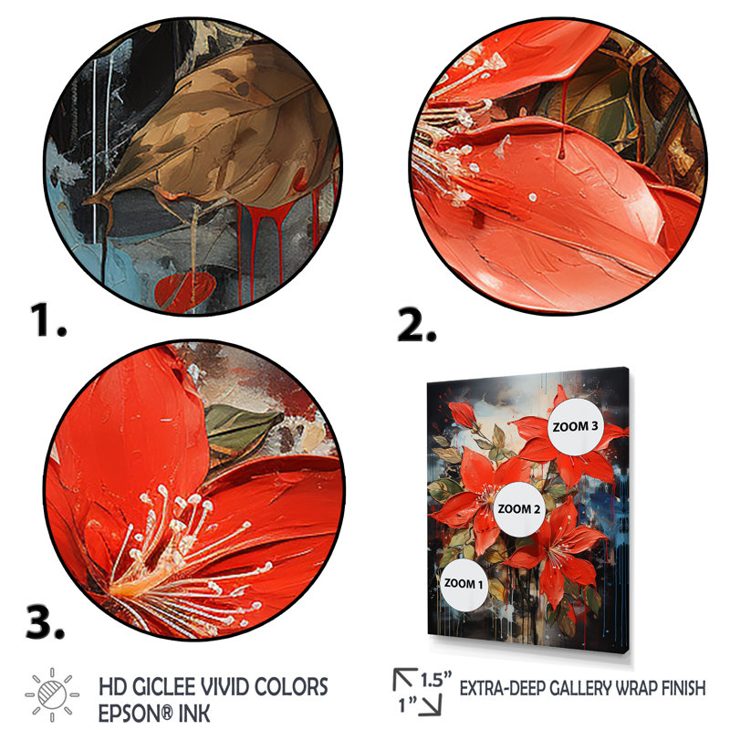 Poinsettias Flower Passion 1 II - Art mural poinsettias, H 32 po x l 16 po x P 1 po, Cadre photo doré