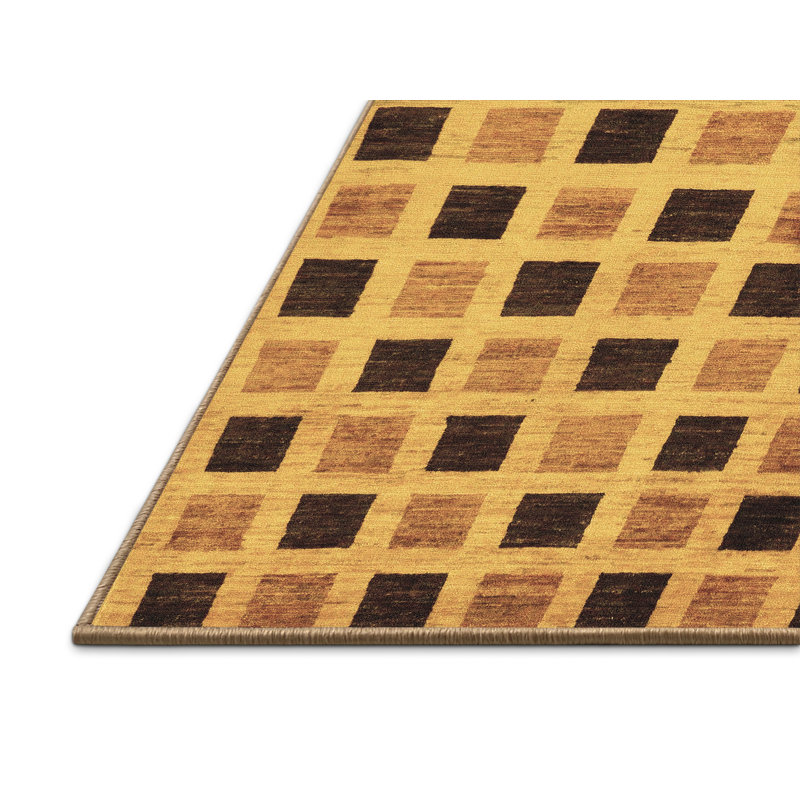 Tapis géométrique rectangulaire jaune / brun foncé / brun 3 pi x 5 pi fabriqué à la machine Omah