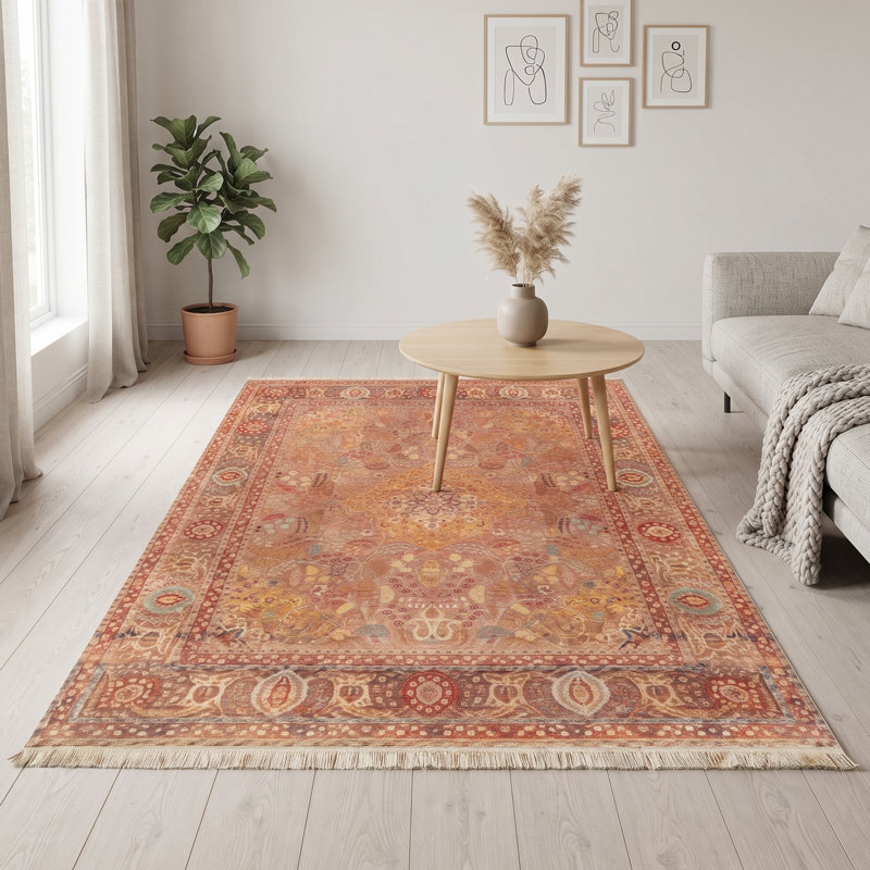 Tapis 100% coton antique rose et doré 4 pi x 6 pi lavable à la machine