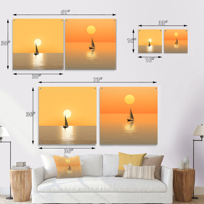 Photo de voilier jaune côtier calme - ensemble d'art mural en verre acrylique côtier de 2, H 16 po x l 33 po