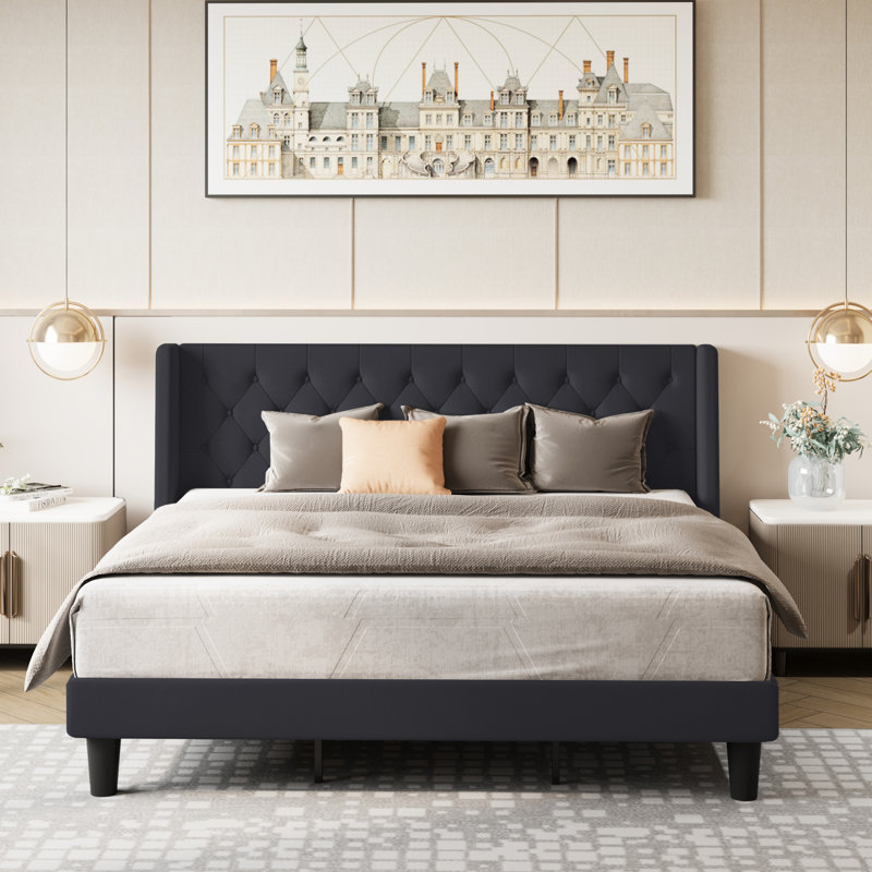 Hilbert Upholstered Low Profile Platform Bed Frame with Headboard, King, Black