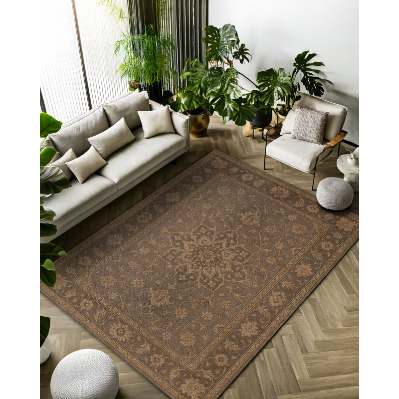 Malika Collection Digital Print Cotton-Polyester Brown Oriental Rug, Square 6'7"