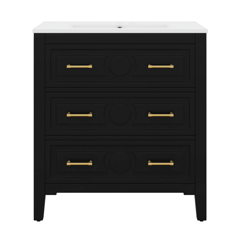 Ensemble de meuble-lavabo, ensemble de meuble-lavabo avec lavabo en céramique 30 po, armoire de rangement à cadre en bois massif, ensemble simple avec 3 tiroirs