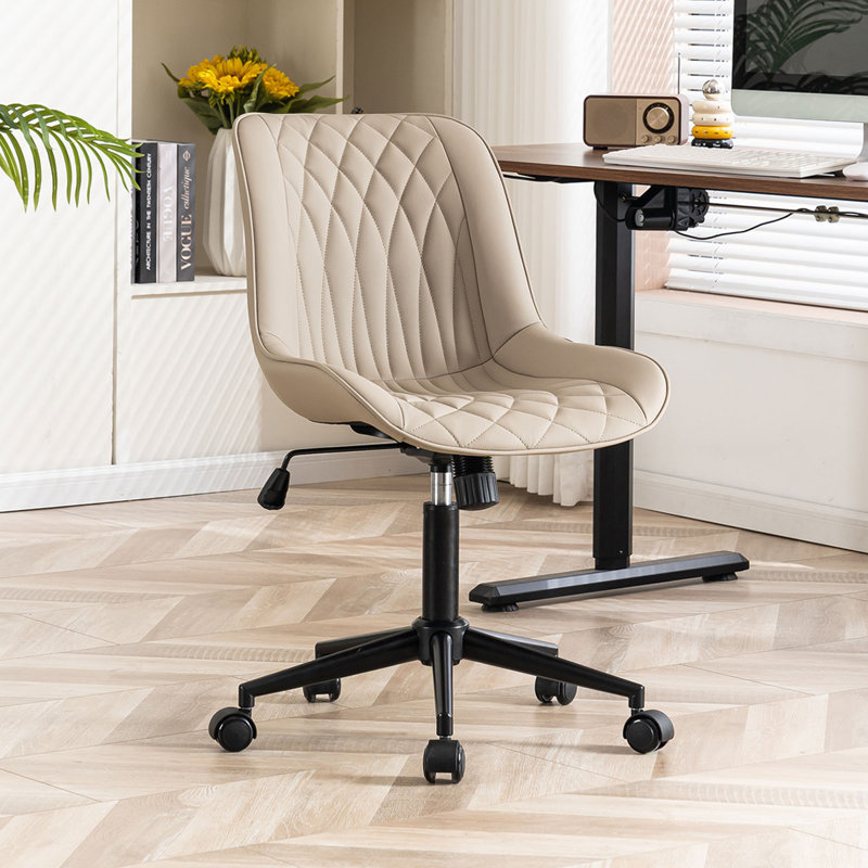 Armless Swivel Office Chair Faux Leather Upholstered Waterproof Desk Chair Ergonomic Adjustable Computer Chair, Khaki