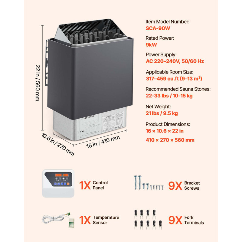 Poêle de sauna électrique 9 kW 220 V, minuterie 3 h et température réglable pour un volume maximal de 317 à 459 pieds cubes, avec contrôleur numérique externe, idéal pour la maison, l'hôtel, le spa et la douche.