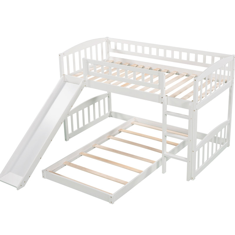 Lit simple au-dessus d'un lit superposé en blanc, livré avec glissade et réversible - côté, planche de pin massif, option d'économie d'espace pour les chambres à coucher, caractéristiques de style gris, 18 lattes de support