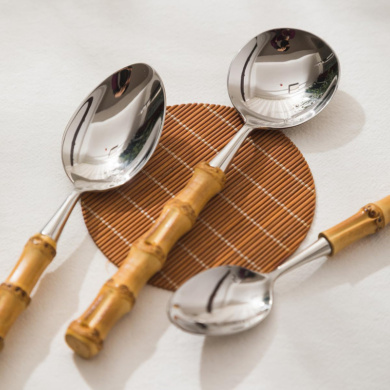 Ensemble de couverts 6 pièces en bambou et en acier inoxydable - Couverts durables en acier inoxydable 304 avec poignées en bambou naturel pour la cuisine, la maison, le mariage et les repas en plein air