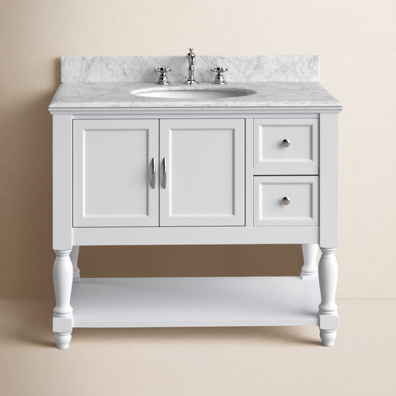 Hampton 36'' Single Bathroom Vanity with Top, White, Carrara Marble