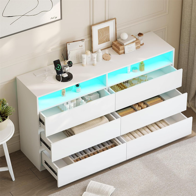 Commode 6 tiroirs, commode à tiroirs avec prise de courant, commodes décoratives avec éclairage à DEL, commode de rangement moderne pour chambre à coucher, salon