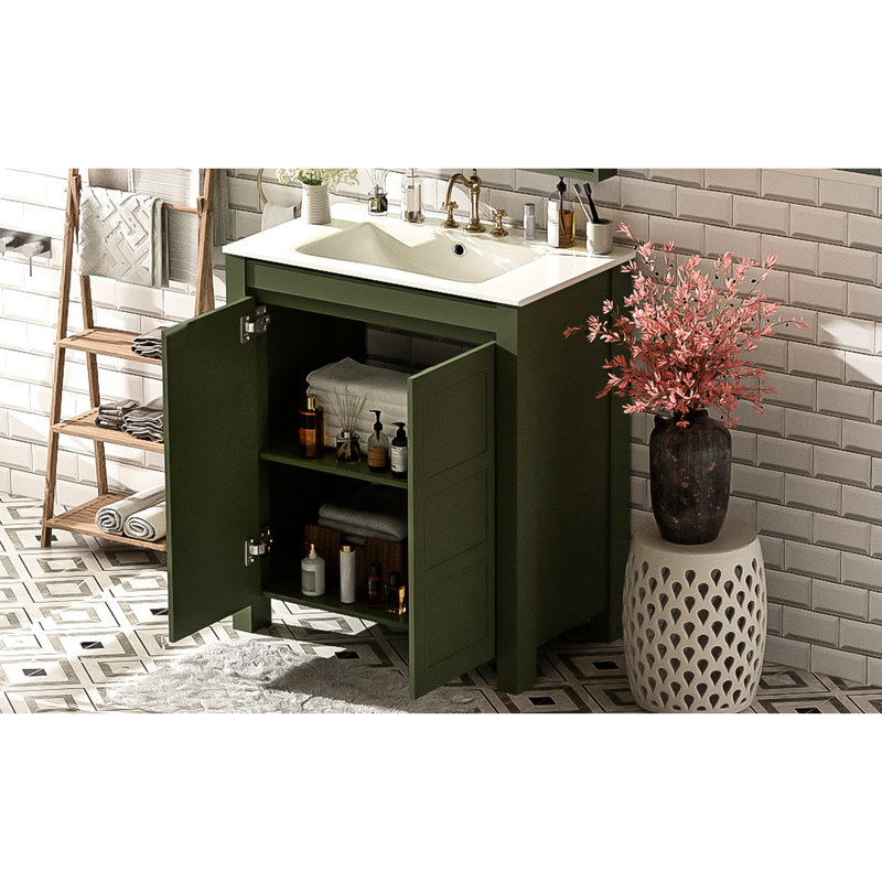 30-Inch Bathroom Vanity In Olive Featuring Ceramic Sink, Construction, Soft-Close Doors, And Spacious Design 30'' With Hidden Door Handles, Function, Easy Assembly For Small Spaces