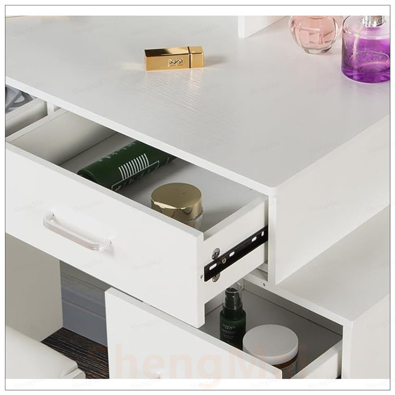 Coiffeuse réglable avec 5 tiroirs, miroir éclairé par DEL et tabouret confortable pour le maquillage et les soins de la peau