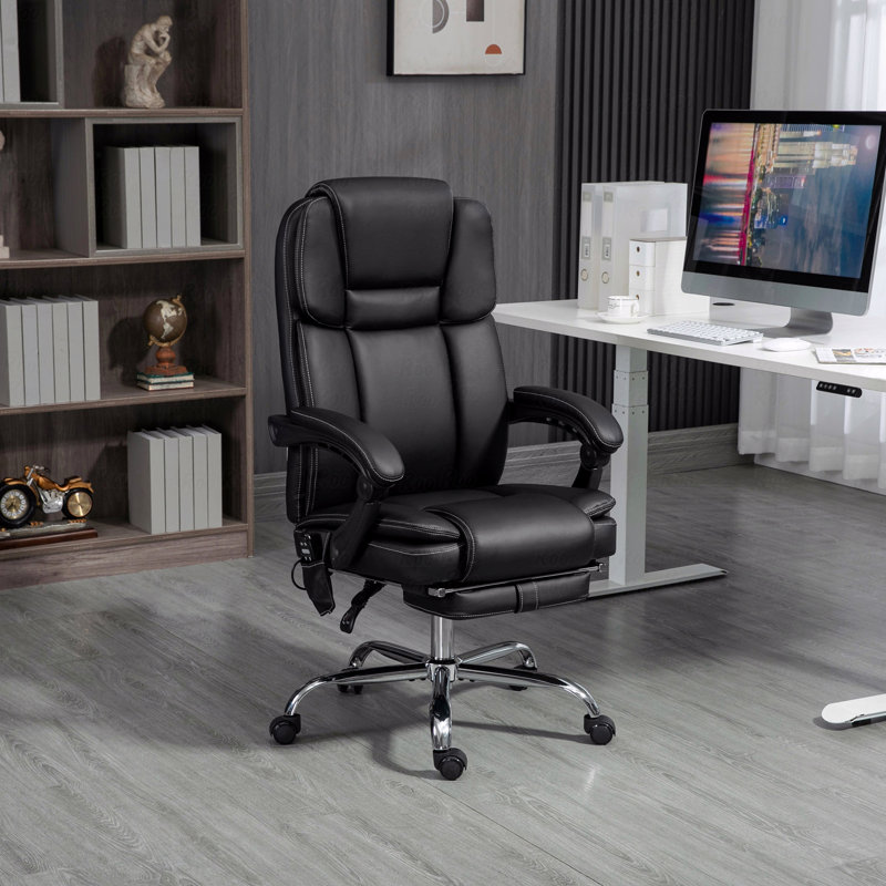 Fauteuil de bureau inclinable et chauffant avec fonction de massage et 6 points de vibration, fauteuil en cuir PU inclinable et chauffant, noir