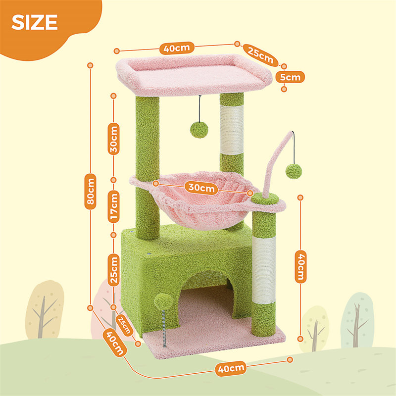 Tour pour chat 4-en-1 à plusieurs niveaux, arbre à chat rose 33 po pour les grands chats, poteau à griffer pour chat avec hamac profond et perchoir supérieur confortable