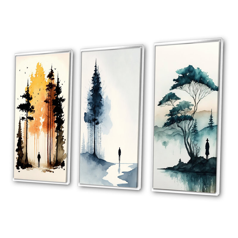 «Solitude Watercolor Man In The Autumn Woods», 3 pièces sur toile, Cadre flottant blanc, H 28 po x l 36 po
