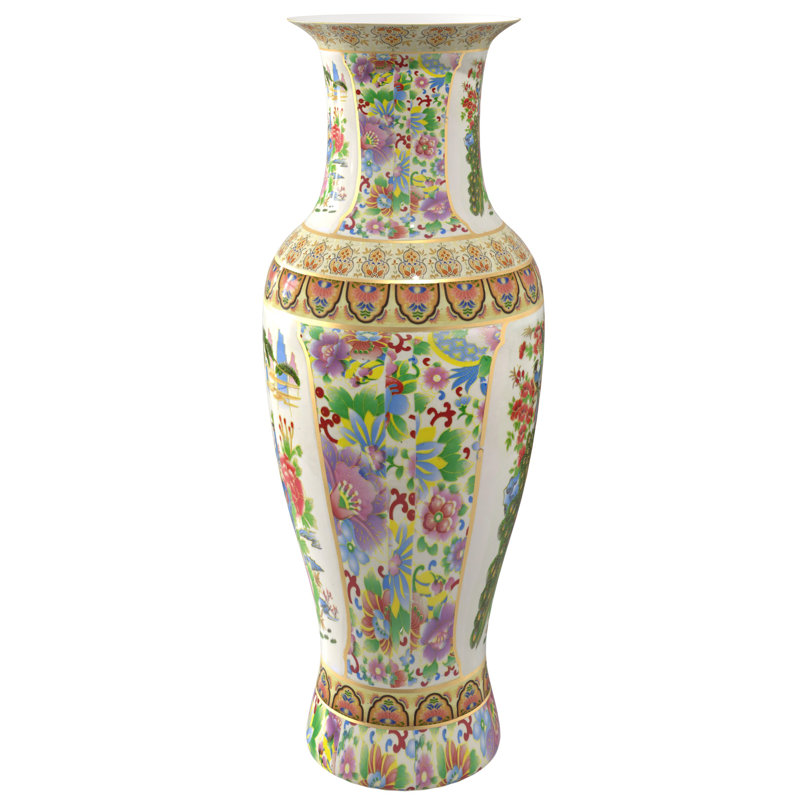 Huneycutt Handcrafted Hand-Painted Ceramic Floor Vase, Satsuma Birds and Flowers