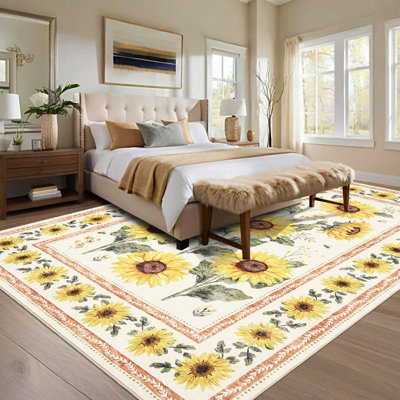 Tapis à motif floral lavable à la machine à envers bas, antidérapant, bordures durables, tapis rétro pour salon, chambre à coucher, salle à manger, beige 9 x 12