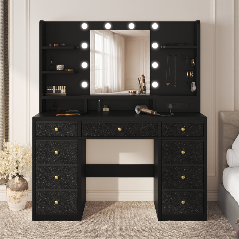 Dressing Table with LED Lighted Mirror, Charging Station (Power Outlets, Type-C & USB-A Ports), 9 Drawers, Black