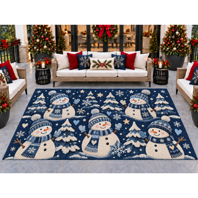 5’ x 7’ Outdoor Area Rug Snowman Winter Pine Tree Navy Blue Design, Heavyweight Waterproof PVC Coil Loop Carpet, Quick Dry Indoor Outdoor Mat for Christmas Porch Deck Entryway Large Doormat