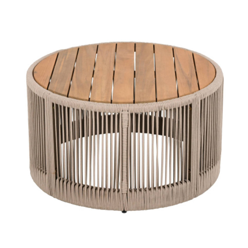 Rattan Rope & Acacia Wood Outdoor Coffee Table, Weather-Resistant For Patio, Beige