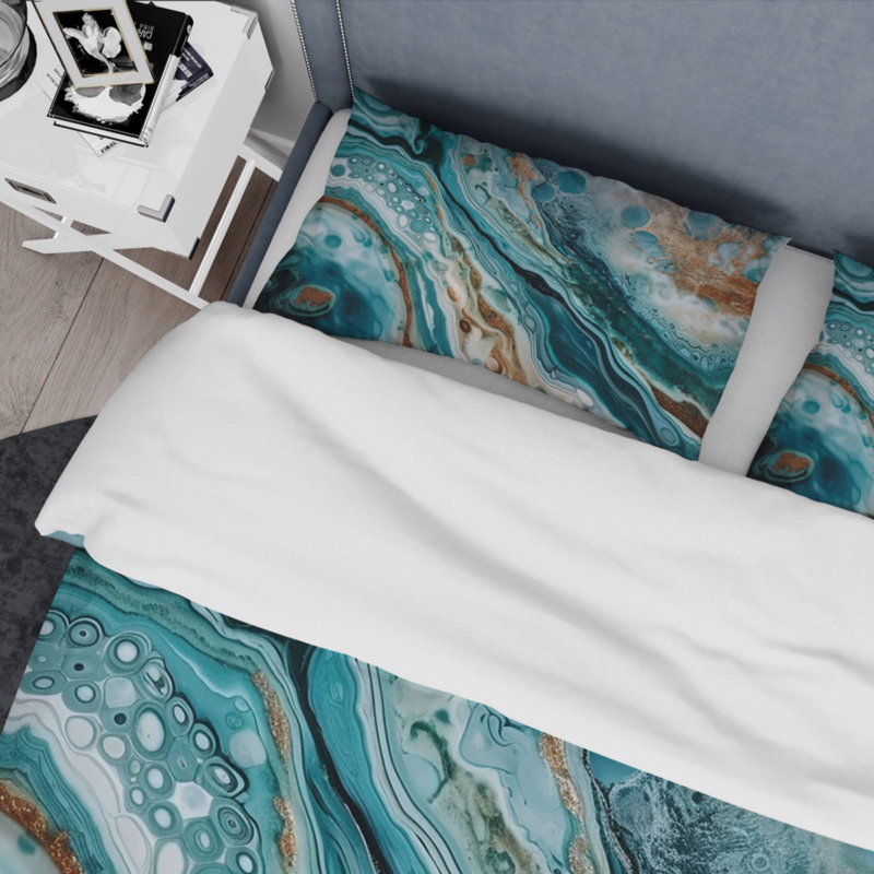 Ensemble de housse de couette en microfibre / polyester bleu doré, Housse de couette pour grand lit et 2 taies décor
