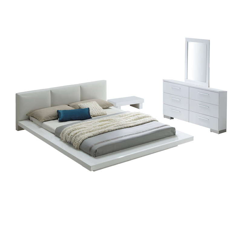 Rishi 4 Pc Bedroom Set, Low Profile, Leatherette Padding, White, King