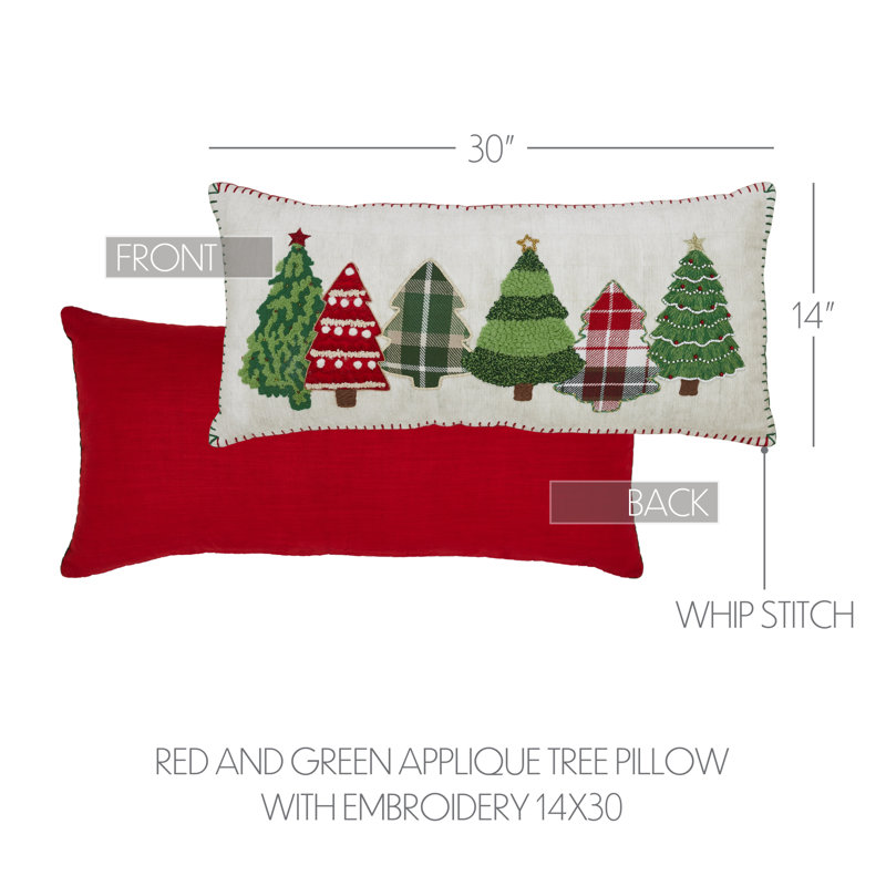 Oreiller en velours brodé Gingerbread House, Crème / vert / rouge, Rectangulaire H 14 po x l 30 po