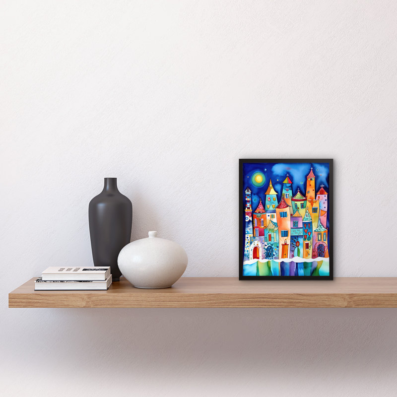 Midnight Abstract Town Folk Art Artwork Framed Wall Art Print 9X7 Inch
