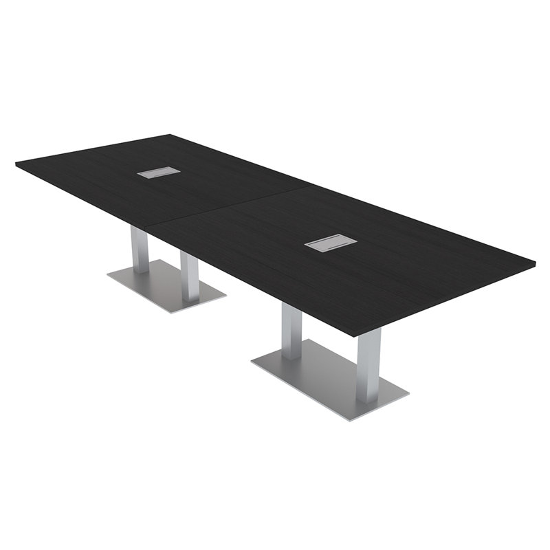 Table de conférence rectangulaire avec base en métal double | Unité électrique, Cyprès noir, Argent argent