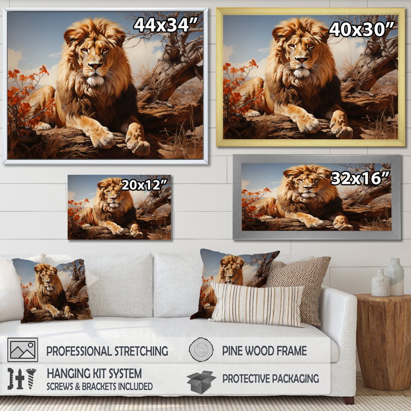 " Lion Savannah Majesty Oil I ", Toile tendue, H 34 po x l 44 po x P 1,5 po