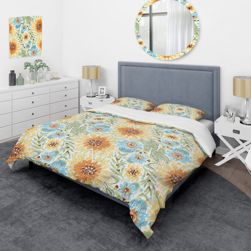 Ensemble de housse de couette jaune tournesol et feuille, Housse de couette pour très grand lit et 2 très