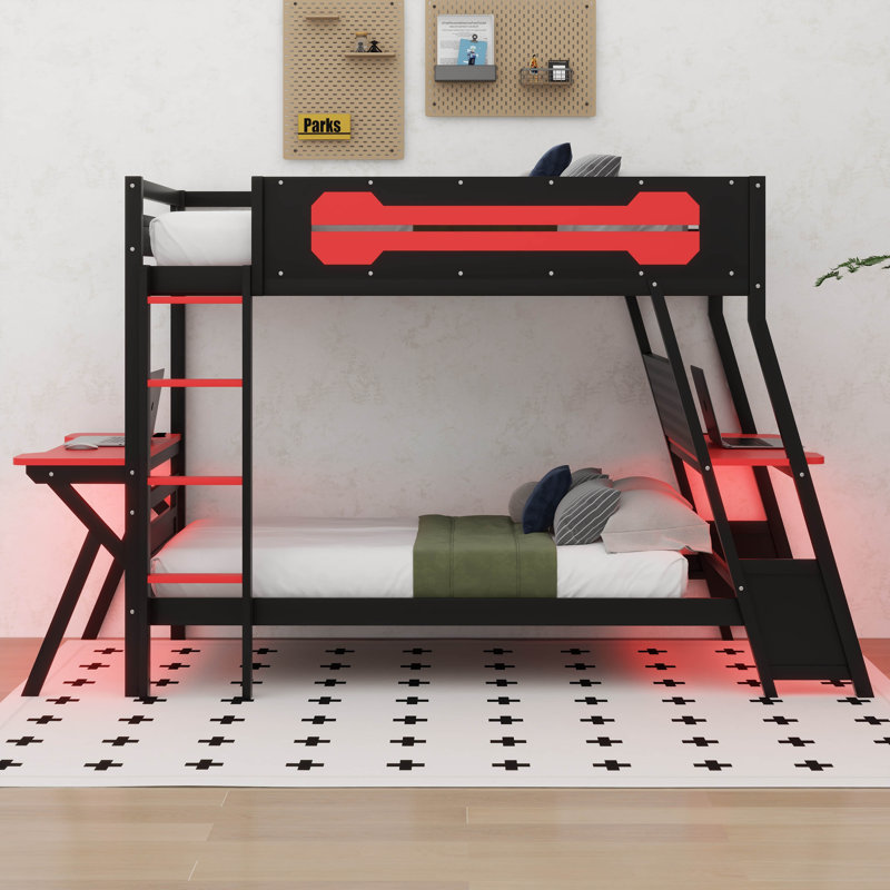 Lit superposé de jeu avec 2 bureaux intégrés, ports de bureau USB et organisateur de panneau perforé, Lit simple, Rouge