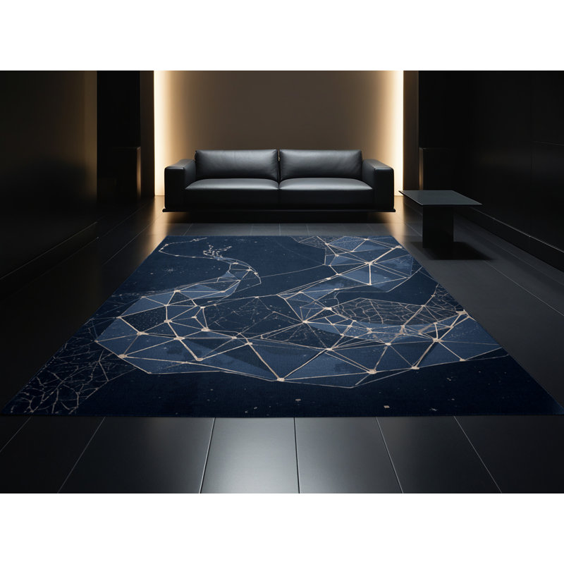 Machine Washable Pantelie Modern Abstract Rug in Blue – Navy Binding, 8 x 10