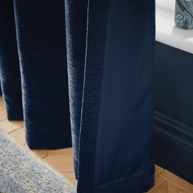 Selene Luxury Chenille Weighted Thermal Eyelet Cur Semi Sheer Curtain Pair, Navy, 46.06cm Width x 229cm Drop