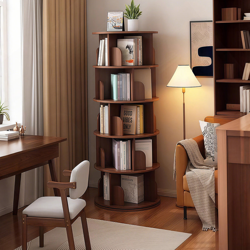 Bibliothèque rotative à 5 niveaux, bibliothèque rotative à 360 °, peu encombrante, petite bibliothèque rotative pour chambre à coucher, salon, maison, bureau, noyer