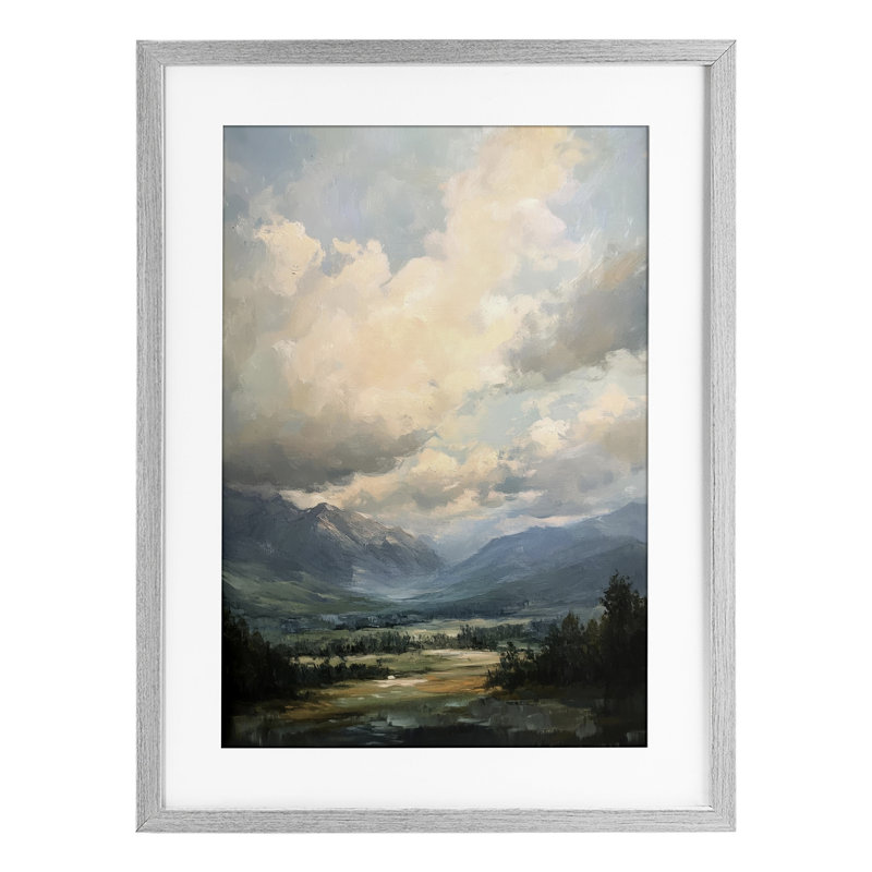 «Split Highs Cloudy Meadow», reproduction sous verre encadrée, design par Petal Prints Design, Cadre de ferme gris