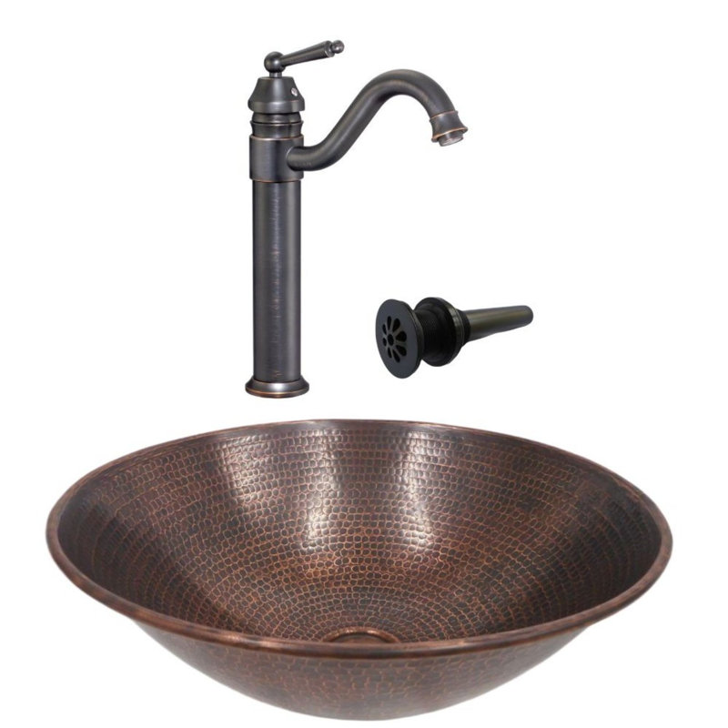 Lavabo pour salle de bain rond en cuivre brossé 14 po Ensemble de robinet pour vasque 13 po inclus