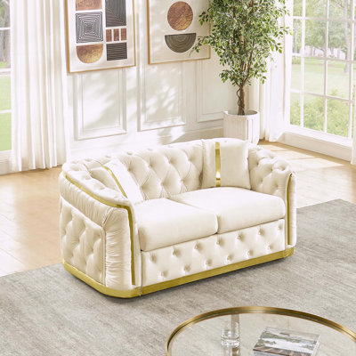 Causeuse Chesterfield de style Mid-Century avec velours italien, décor doré et 2 coussins